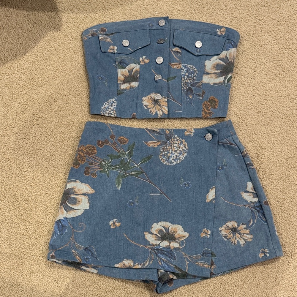 Denim Floral Strapless Crop Top and Skort Set - Blue